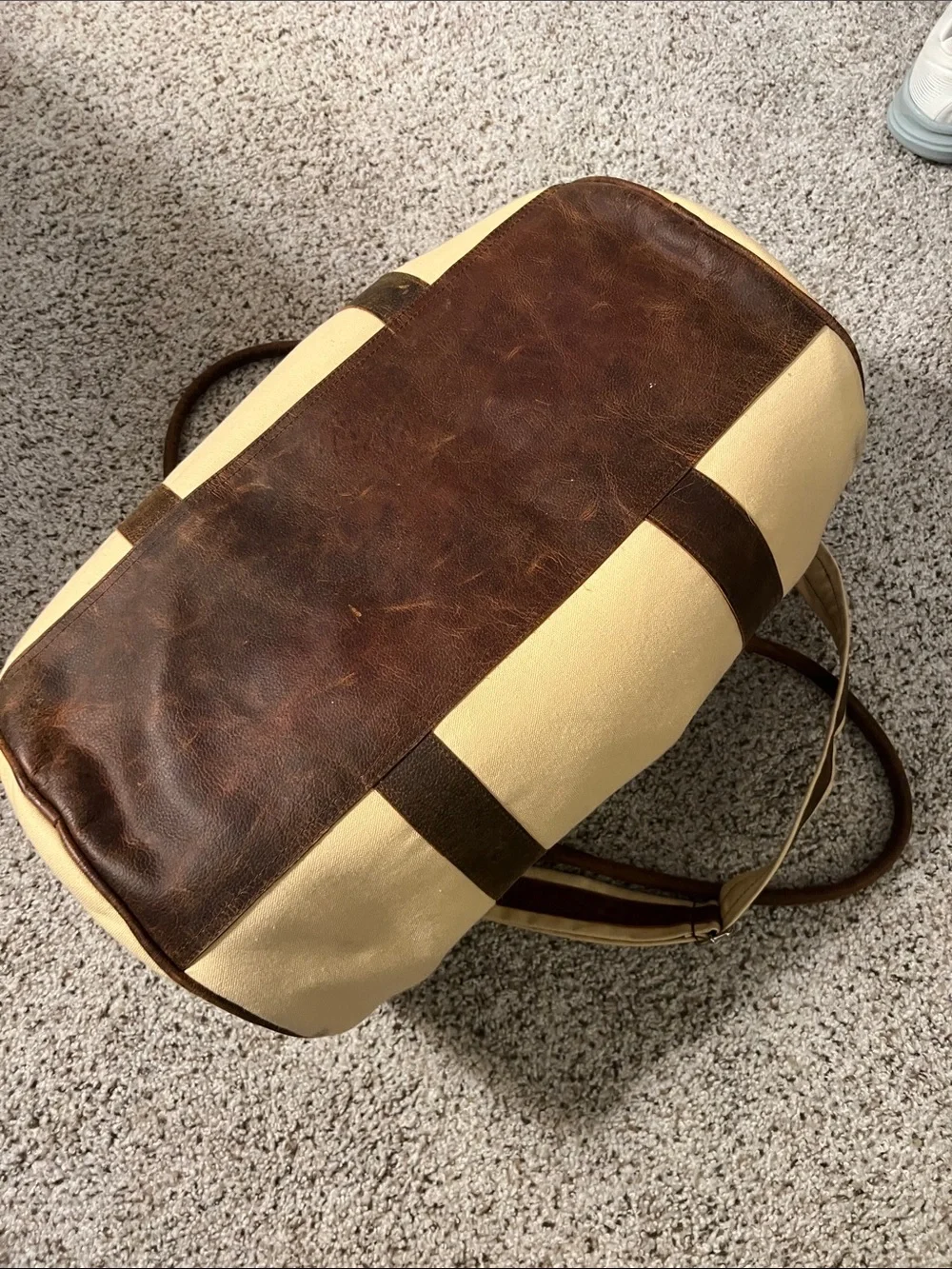 Canvas Duffel Bag with Brown Leather Handles and Accents - Beige